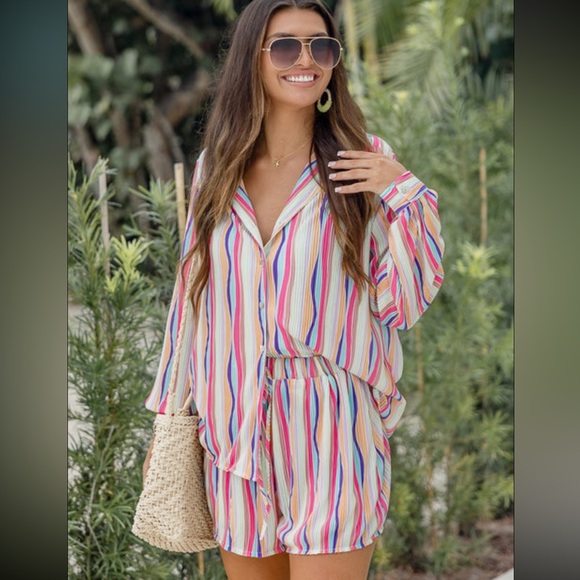 Pink Lily Tops - Pink Liky Bayside Brunch Pastel Stripped Plisse Button Up Set